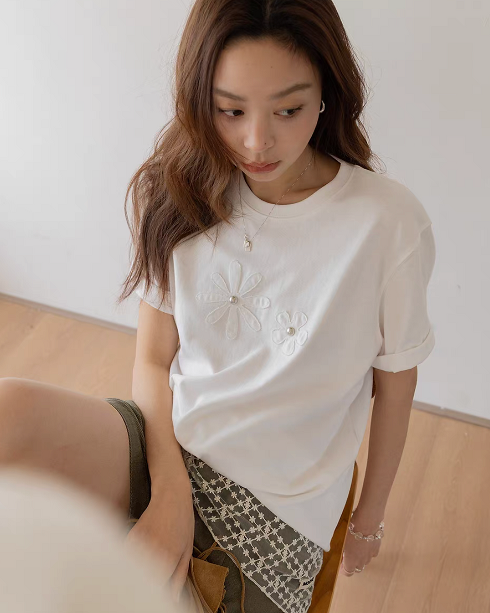 Thumbnail: Embossed floral embellished floral cotton rayon crewneck tee