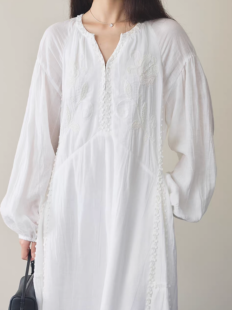 Lyocell linen embroidery floral white lined puff sleeves midi dress 5