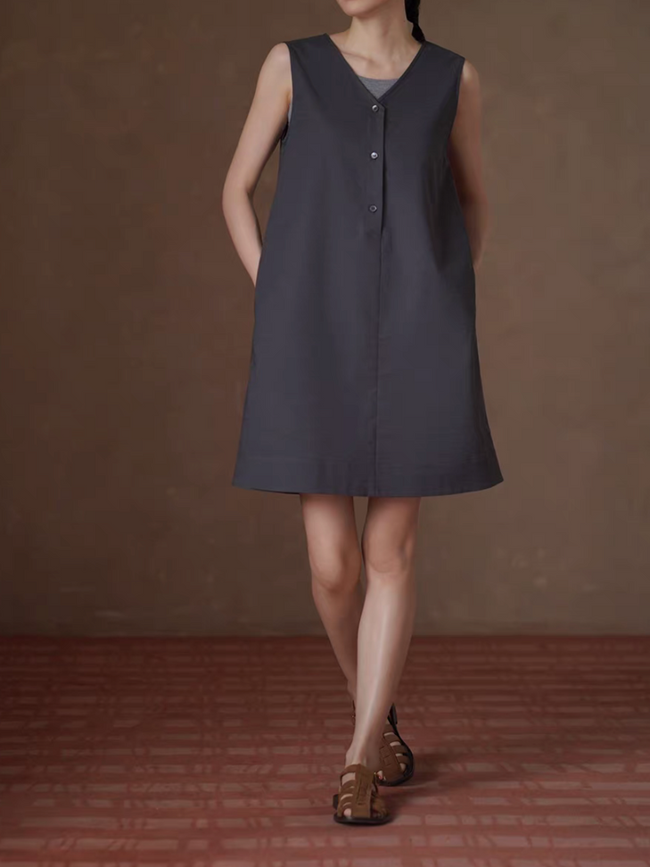 Charcoal V neck buttoned linen cotton sleeveless dress 6