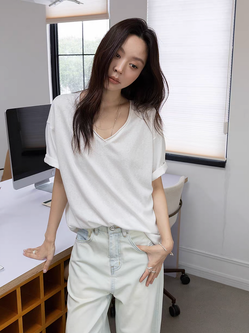 V neck pure cotton boyfriend mid length tee 2