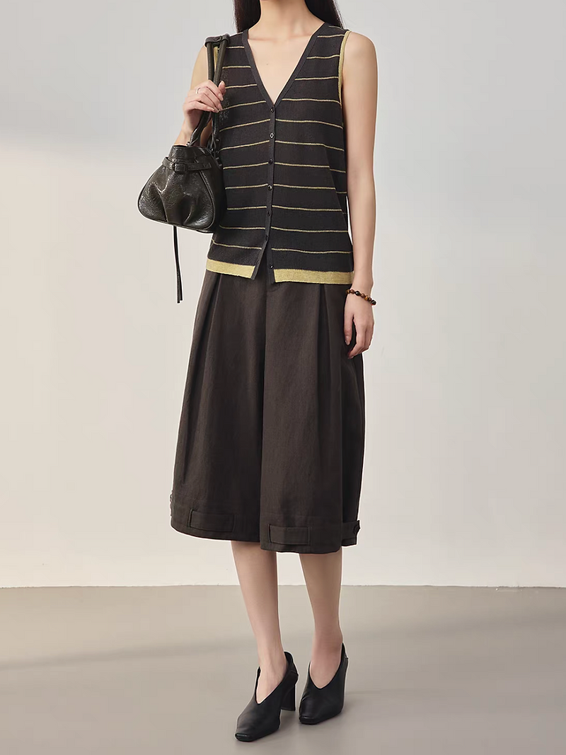 Striped V neck grey yellow buttoned wool linen rayon knitted vest 9