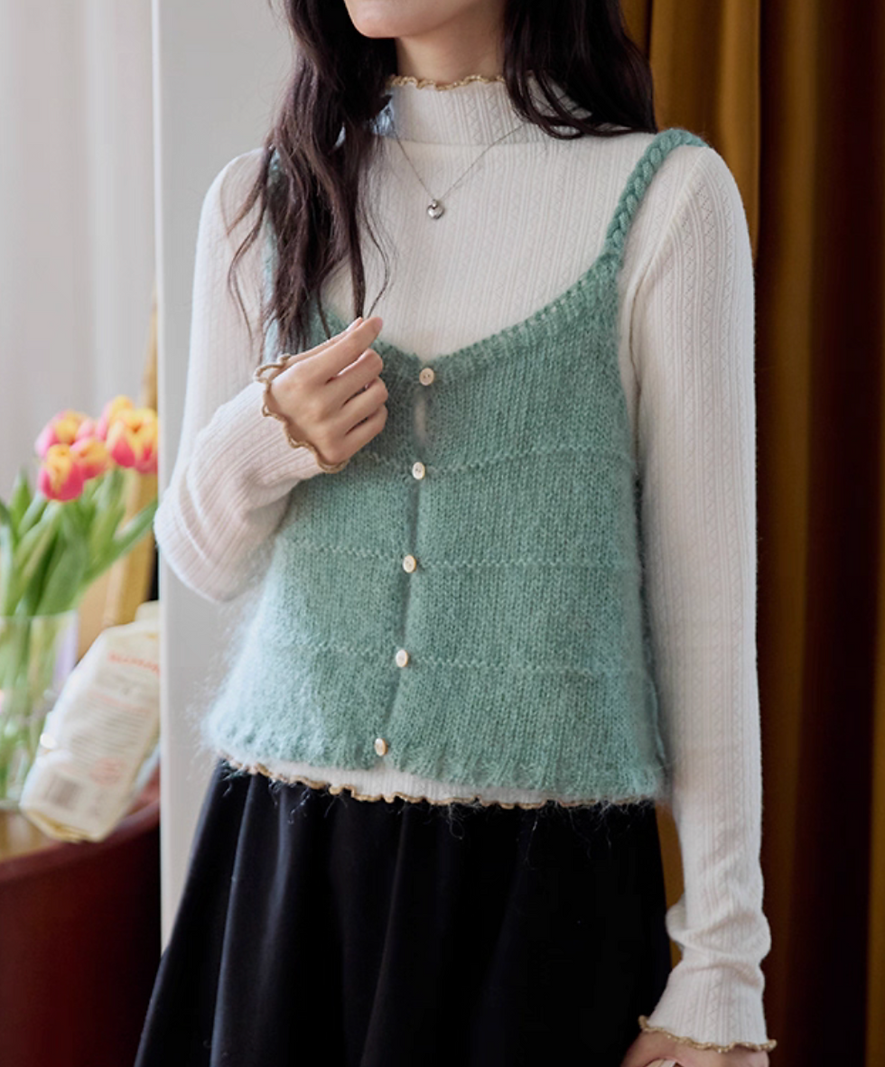 Braided straps mohair fluffy knitted lake green camisole