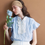 Thumbnail: Embossed flutter sleeves blue cotton drawstring blouse