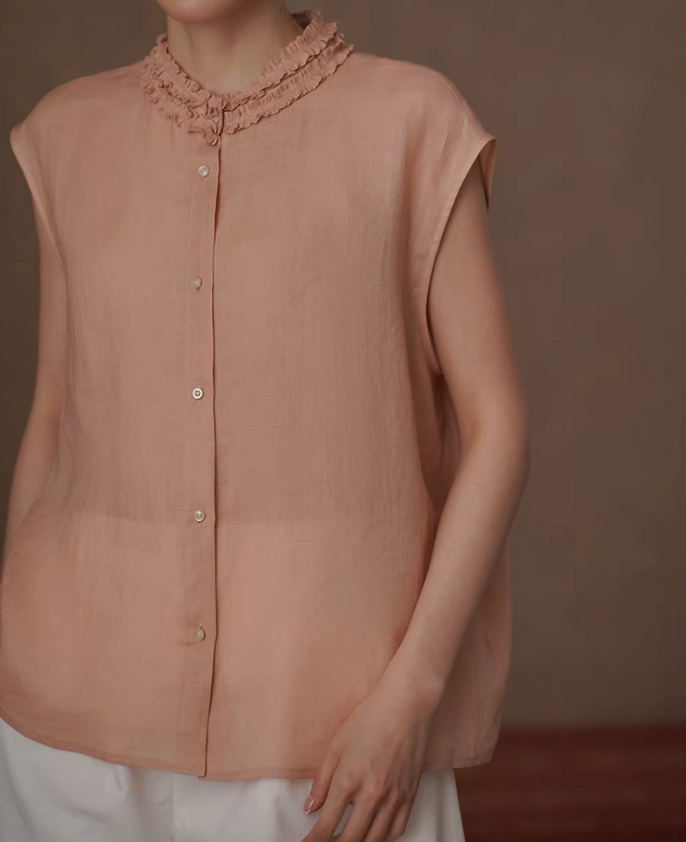 Thumbnail: Apricot pink pure linen ruffled collar flutter sleeves blouse /vest