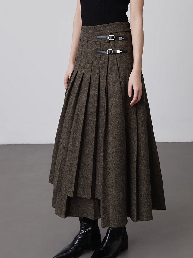 High waisted layered asymmetric pleated khaki charcoal side straps skirt 3