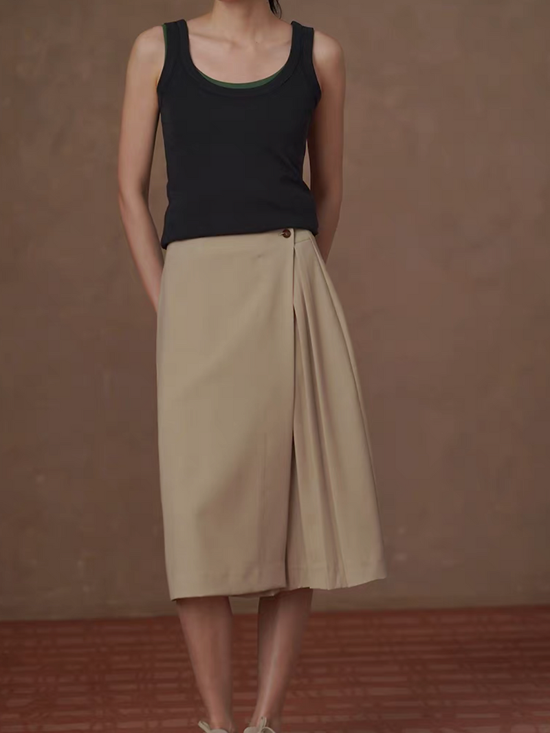 High waisted layered poly rayon khaki pleated skirt 6