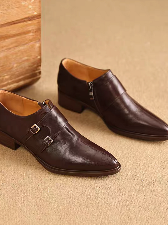 Double buckles pointy lambkskin wood heel shoes 5