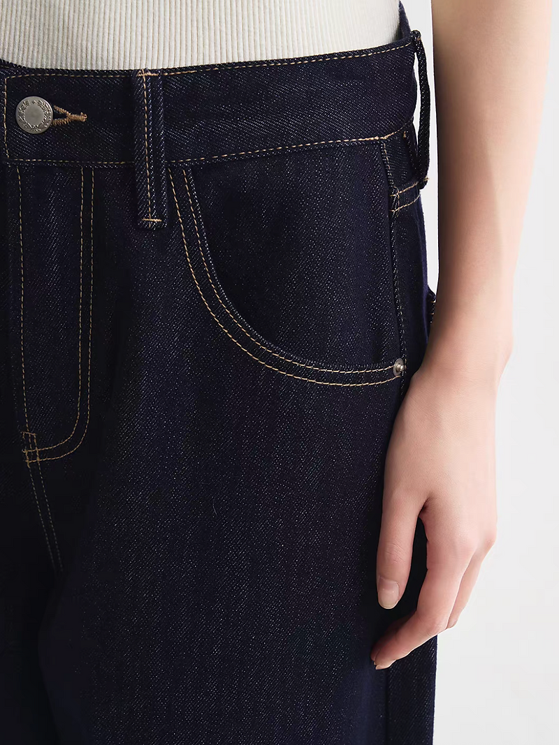 Dark navy denim bronze stitched engraved buttoned high rise straight jeans 8