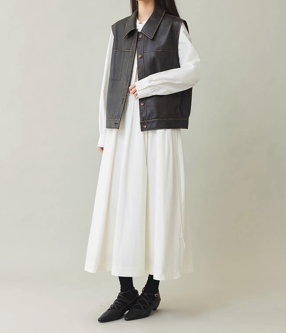 Thumbnail: Ivory ruffles waistline cotton crewneck dress