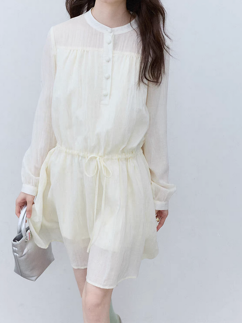 Ivory lyocell drawstring lined buttoned sheer layered midi dress 7