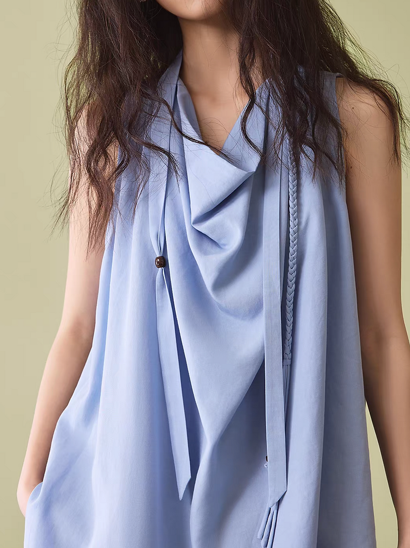 Sky blue asymmetric lyocell linen side slit collaratte vest 8