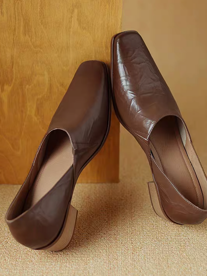 Embossed lambskin square toe wood heel loafers 7