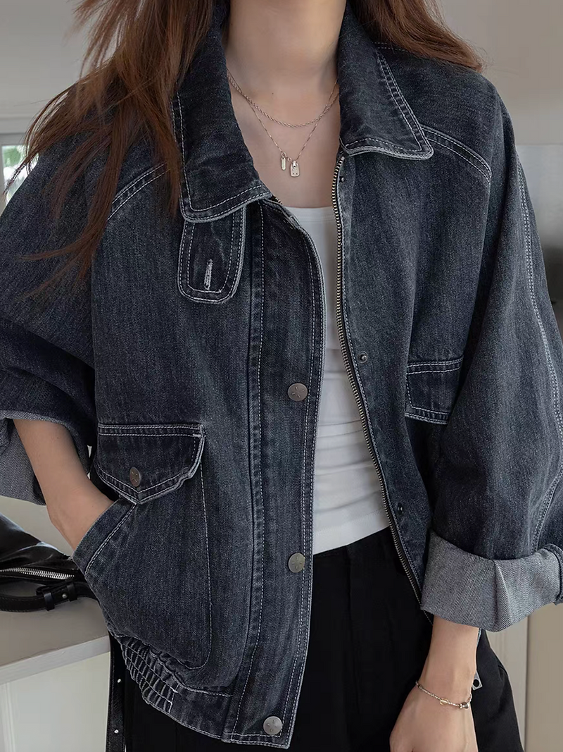 Acid washed dark navy denim polo two way denim jacket 3