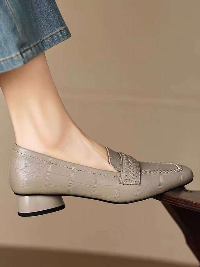 Embossed weaved strap lambskin round heel loafers 3