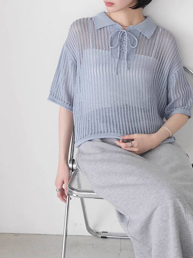 FORSKY knitted cotton acrylic polo lacing cropped top 3