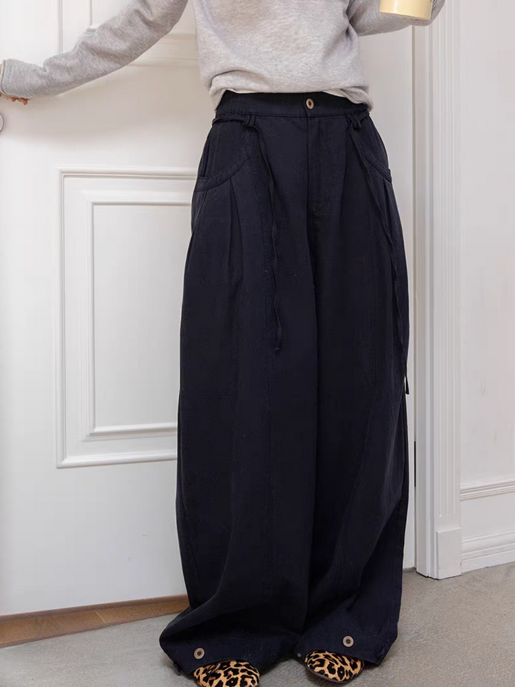 Elasticated waistband cotton tencel barrel belted pants 1