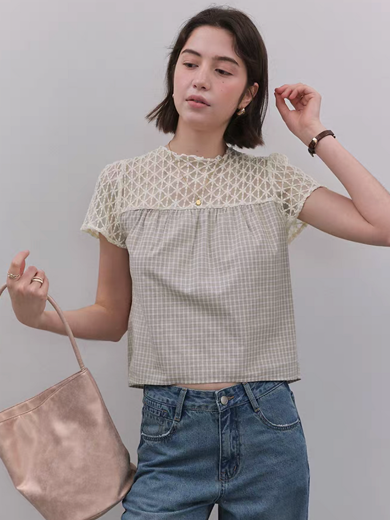 Crochet lace checker cotton ivory beige blouse 8
