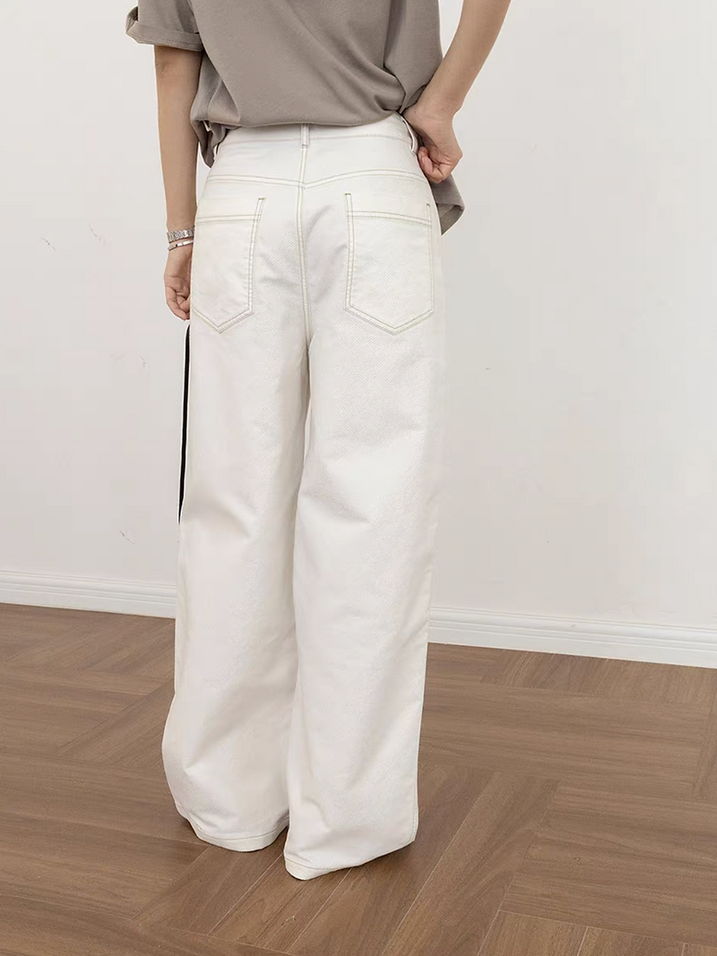 Cotton rayon stitched trim high waisted straight pants 11