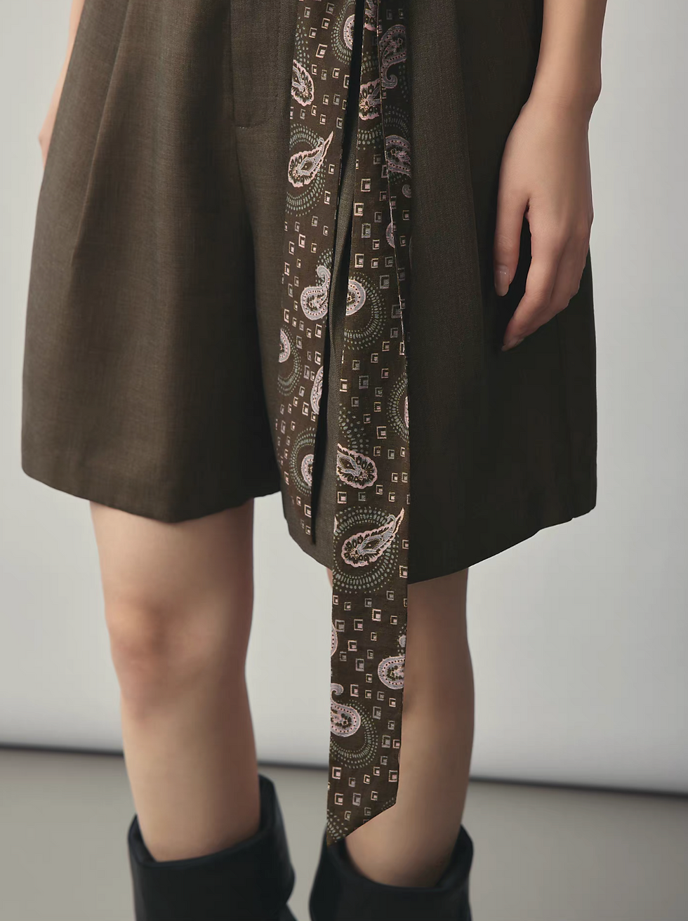 Thumbnail: Patterned silky belt included high waisted mocha pleated shorts