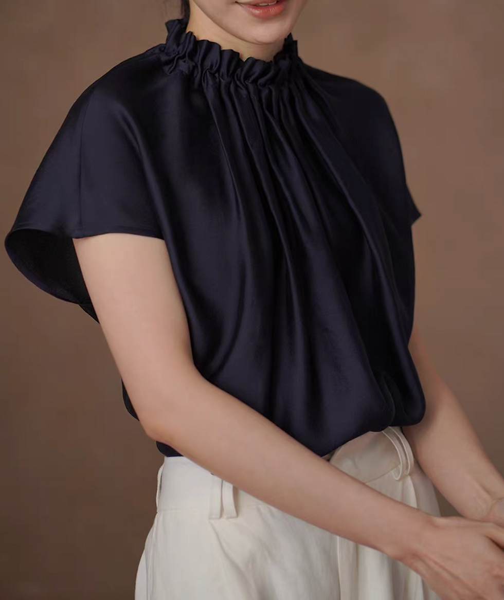 Thumbnail: Navy ruffle pleated sleeve flutter sleeved tencel poly embossed blouse