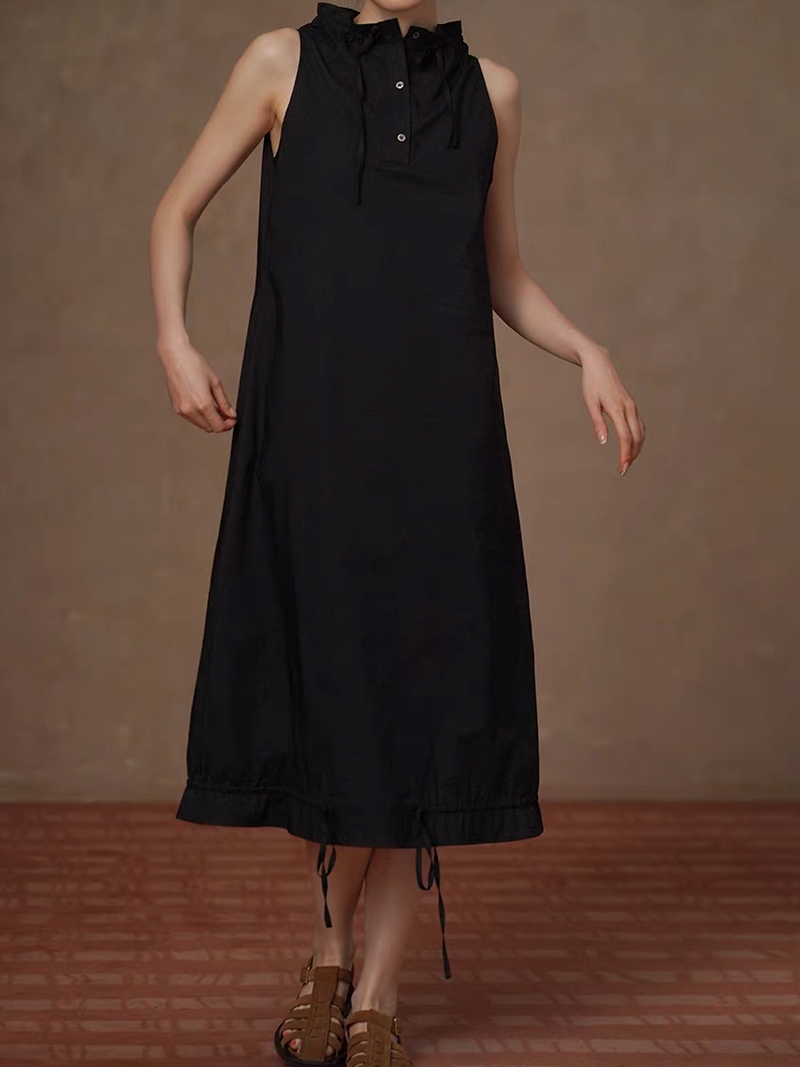 Black cotton rayon standing collar drawstring sleeveless dress 4