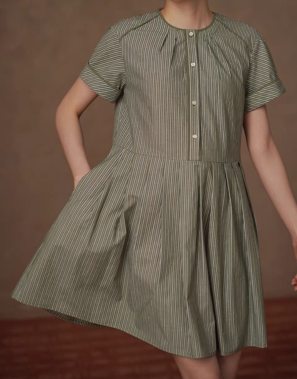 Thumbnail: Green striped crewneck buttoned pure cotton midi dress