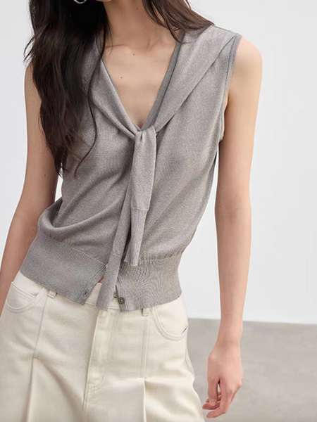 Poly rayon tencel knitted front knot two way heather grey vest