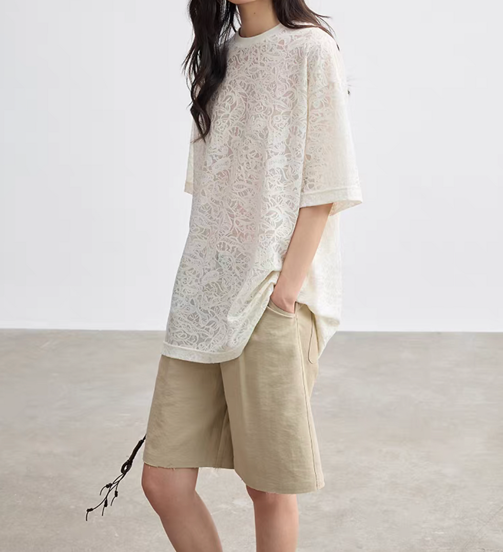 Thumbnail: Ivory lace patterned lyocell cotton rayon mid length docking tee