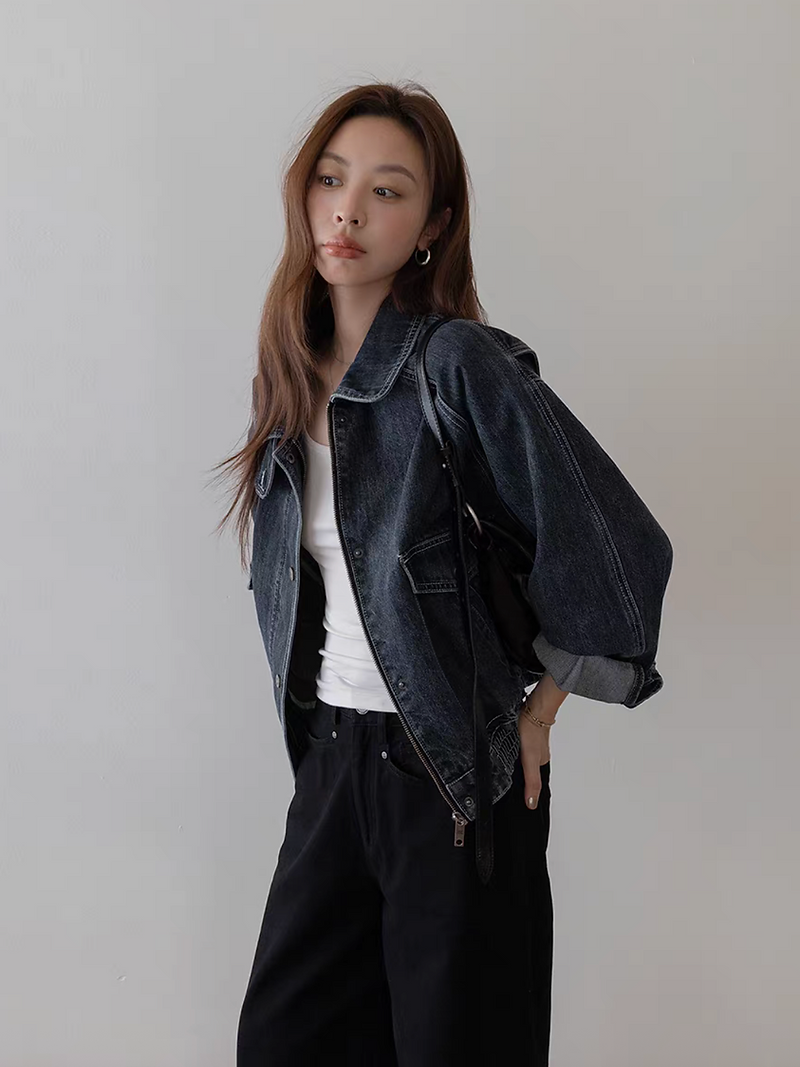Acid washed dark navy denim polo two way denim jacket 10