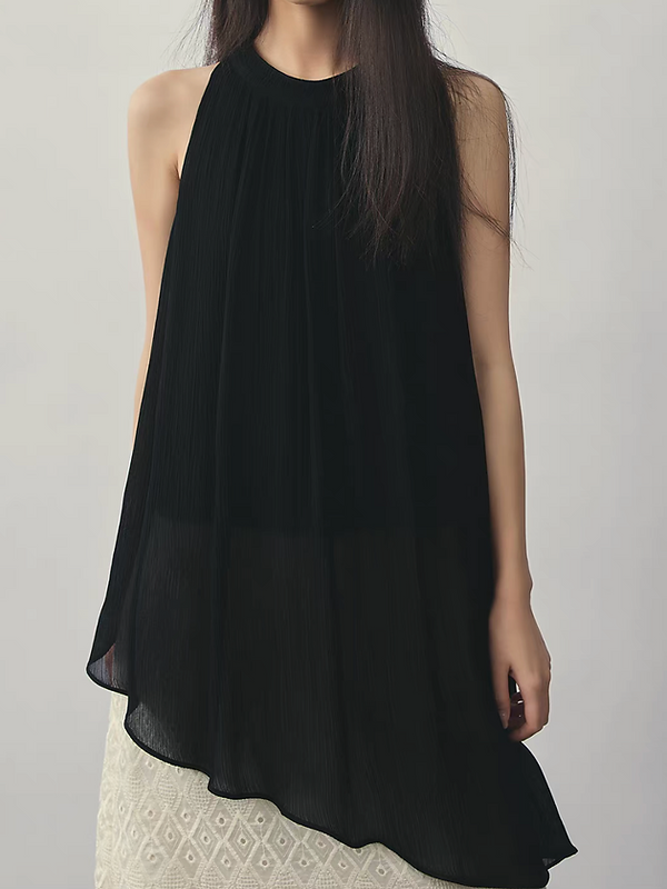Black tencel asymmetric halter flare vest