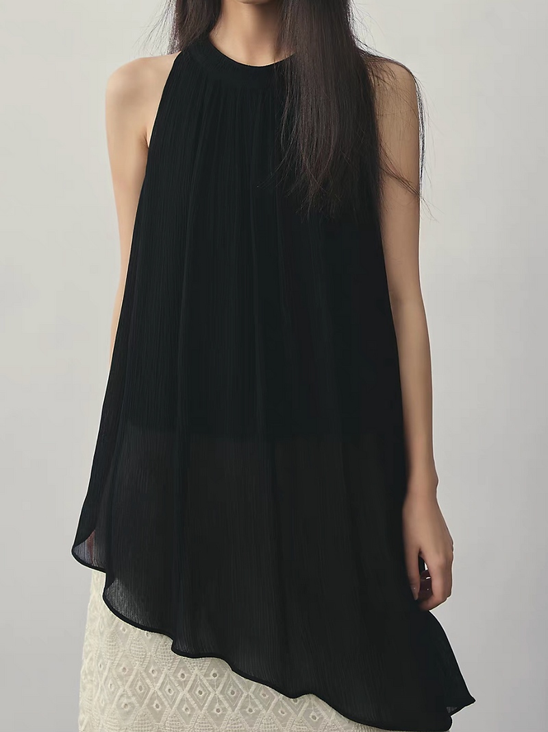 Black tencel asymmetric halter flare vest 1