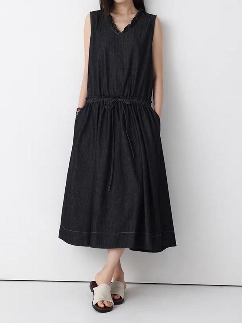 Dark denim V neck ruffles trim waist adjust drawstring sleeveless dress 8