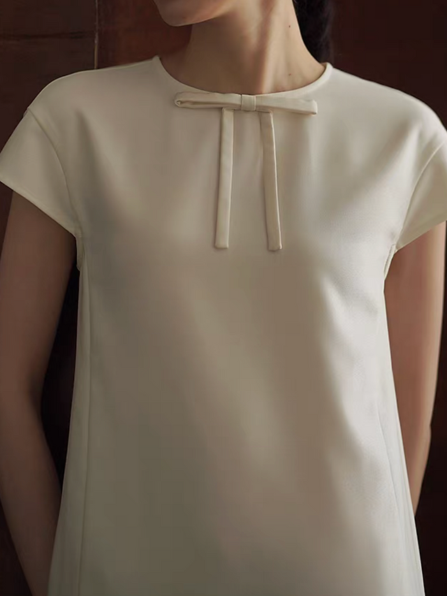 Ivory front bow double contour poly rayon midi dress 2