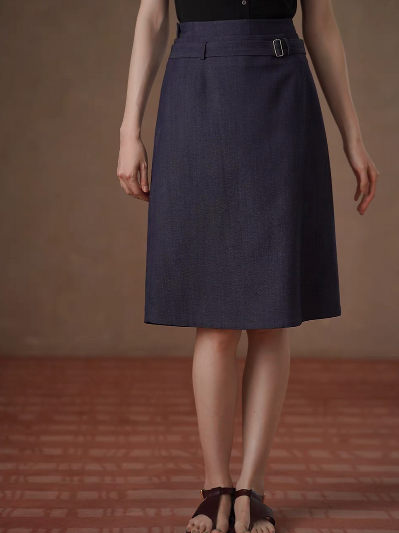 Navy belted tencel denim high waisted skirt 3