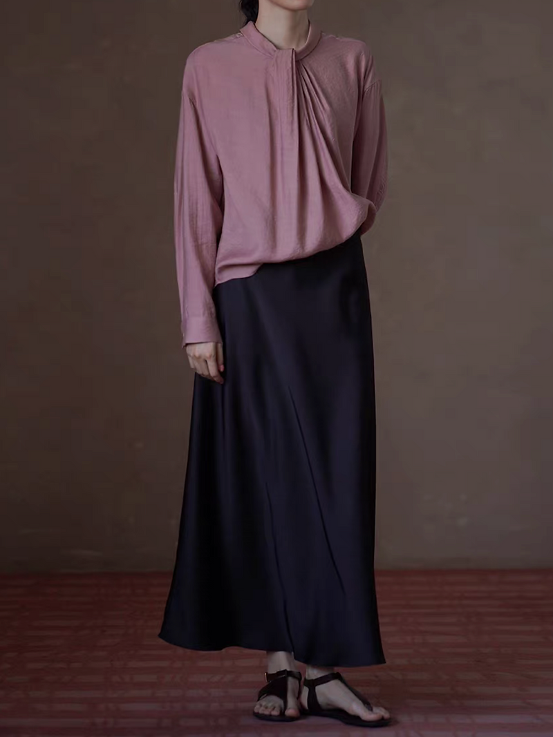 Twist pleats collar rosy poly rayon longsleeved blouse 6