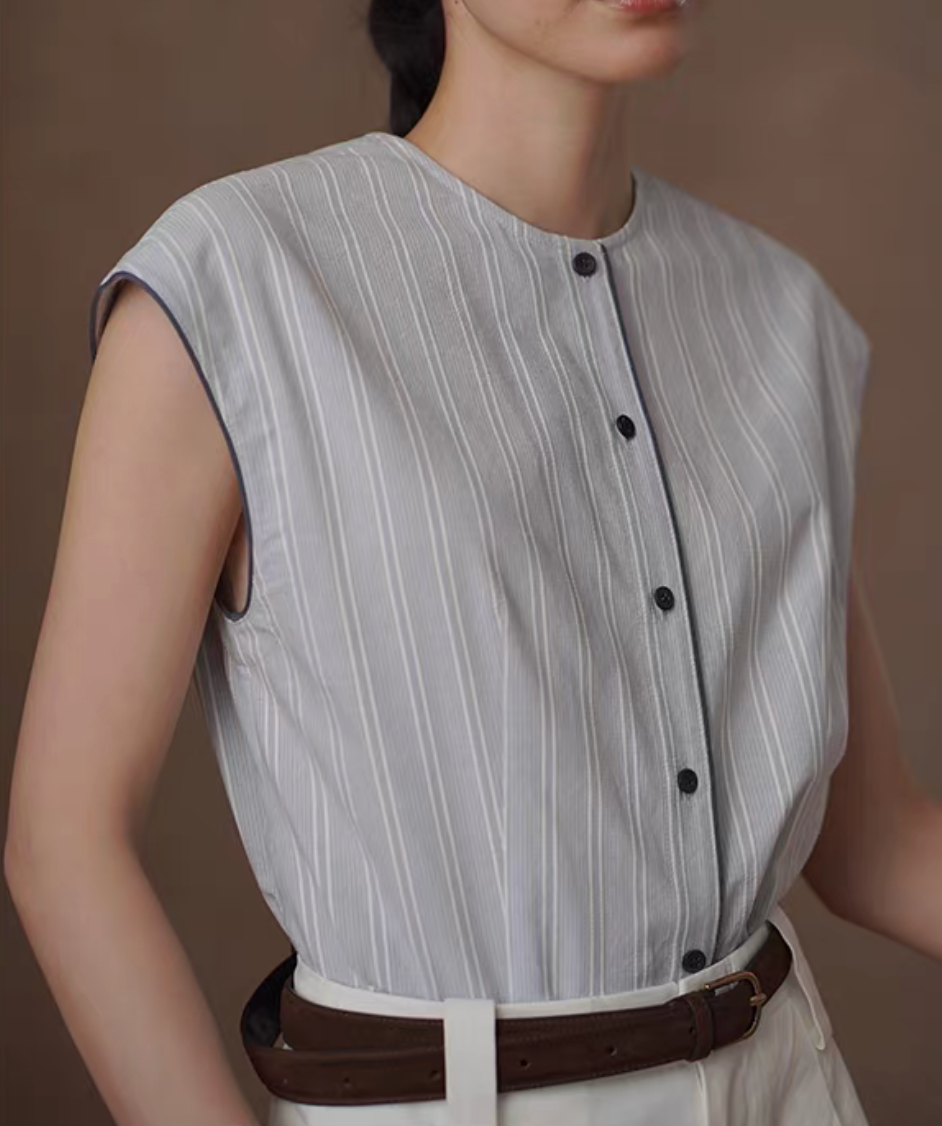 Thumbnail: Greyish light blue striped navy trim pure cotton vest / blouse