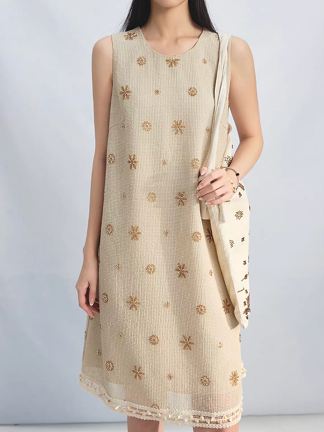 Beige cotton poly embroidered sequins beads lace trim sleeveless dress 9