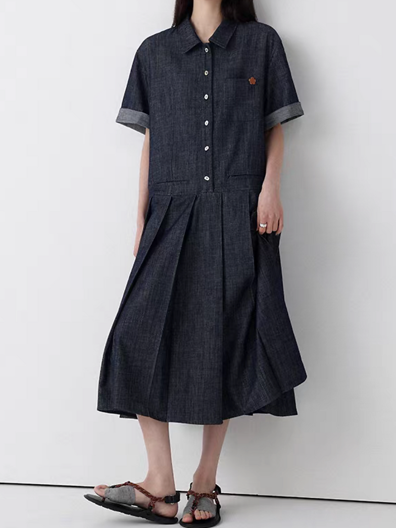 Floral deco dark navy tencel denim pleated polo dress 2
