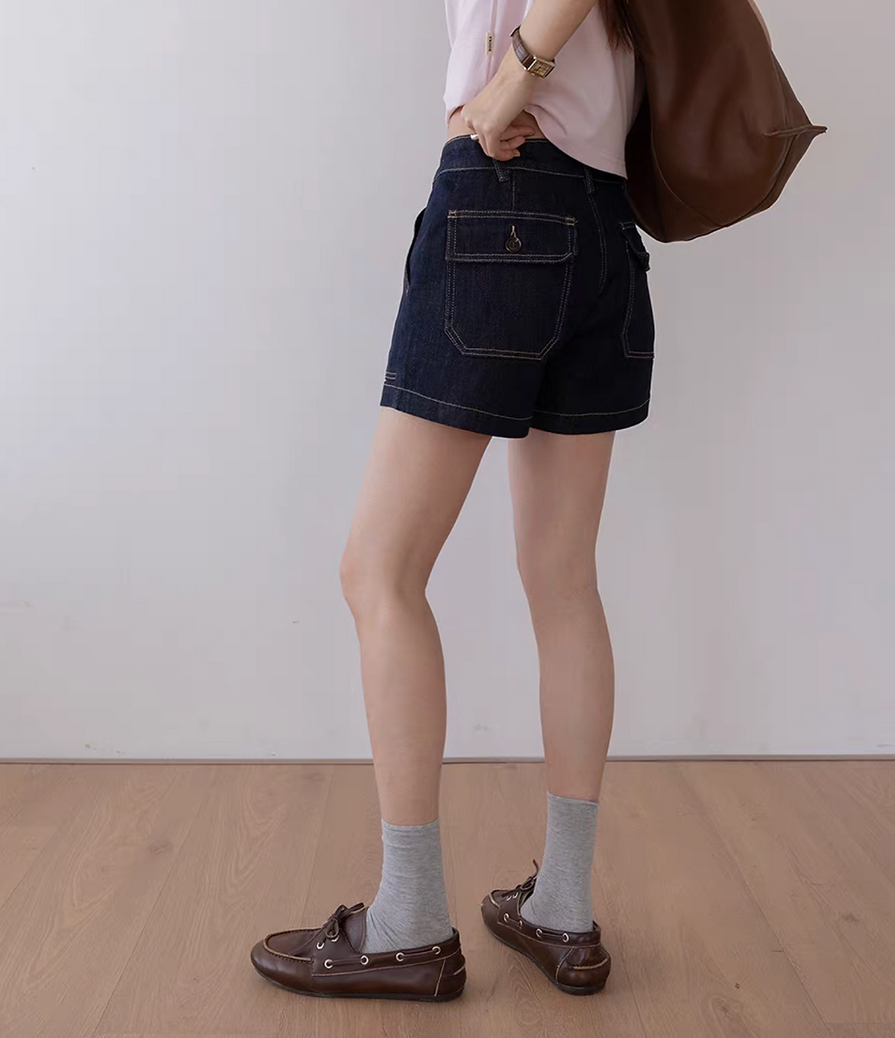 Thumbnail: High waisted white stitched denim navy shorts