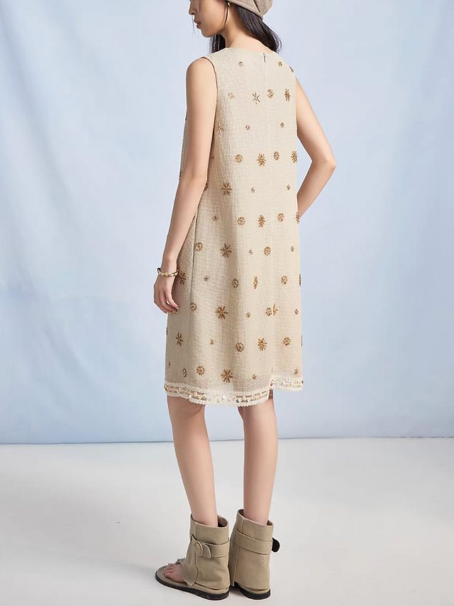 Beige cotton poly embroidered sequins beads lace trim sleeveless dress 10