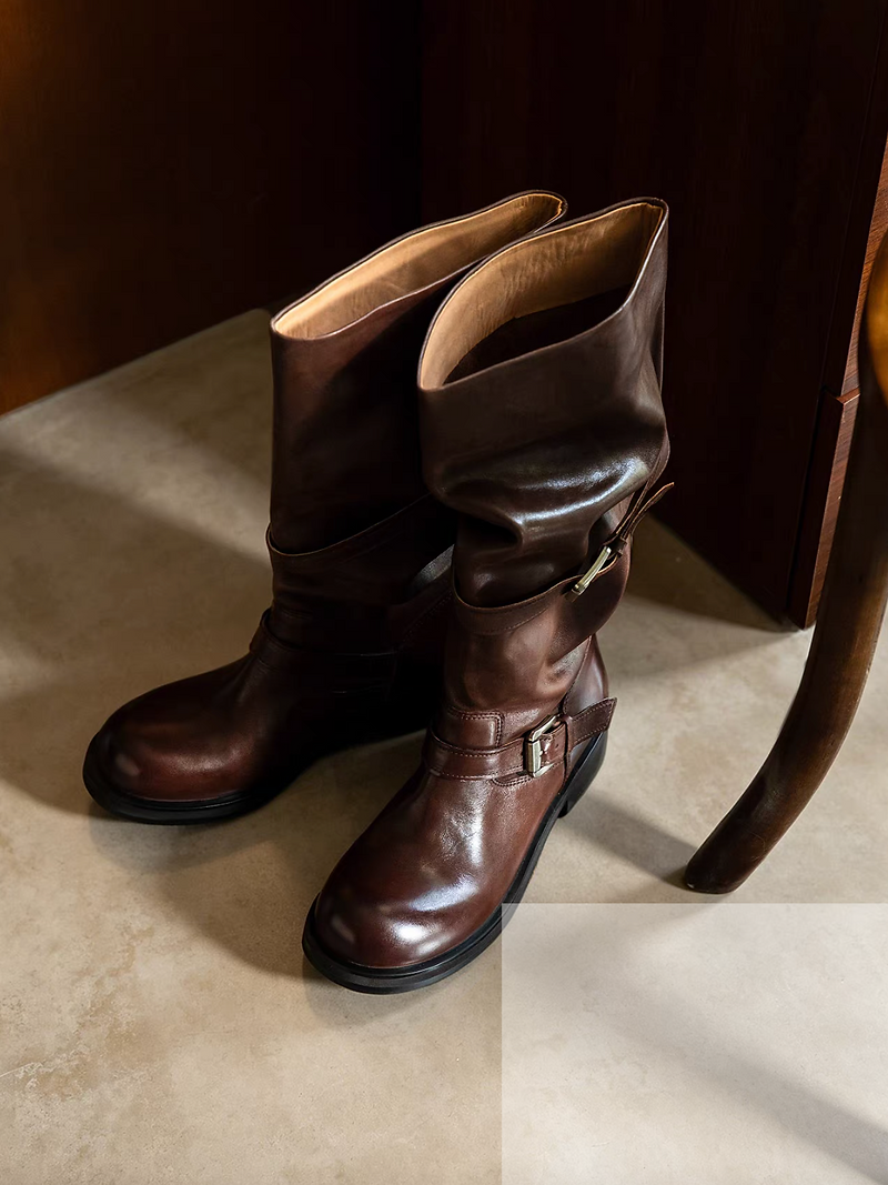 Made in Italy Italian brushed off calf leather double buckles straps knee boots 4