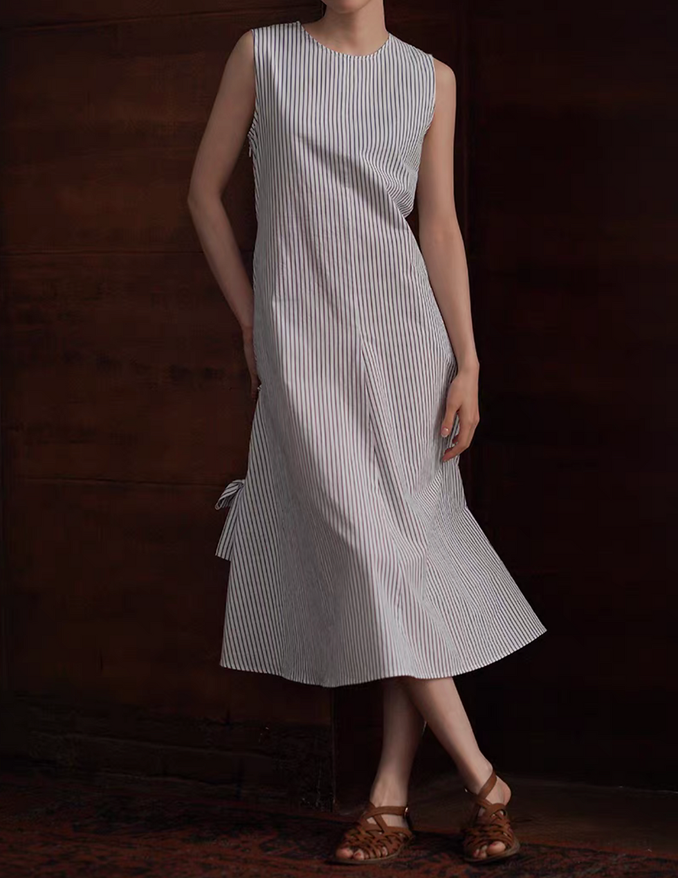 Thumbnail: Side straps blue stripes cotton sleeveless dress
