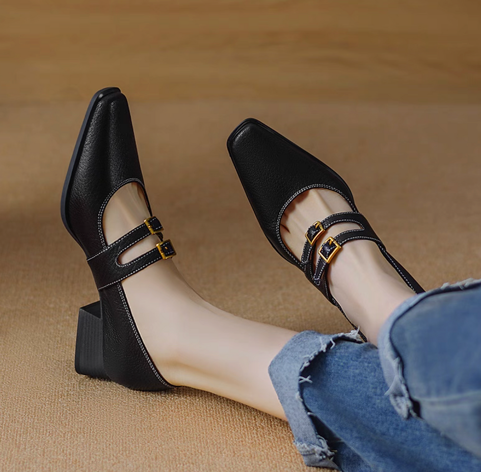 Thumbnail: Double mid buckle straps pointy calf leather Mary Janes