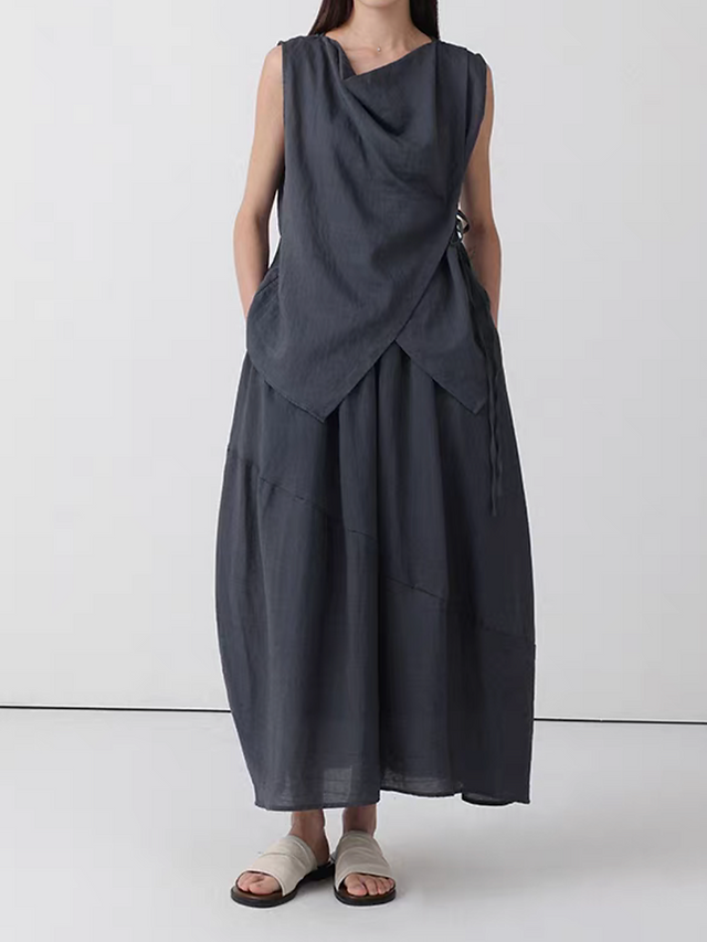 Cotton linen tencel overlapping V neck side knot vest 8