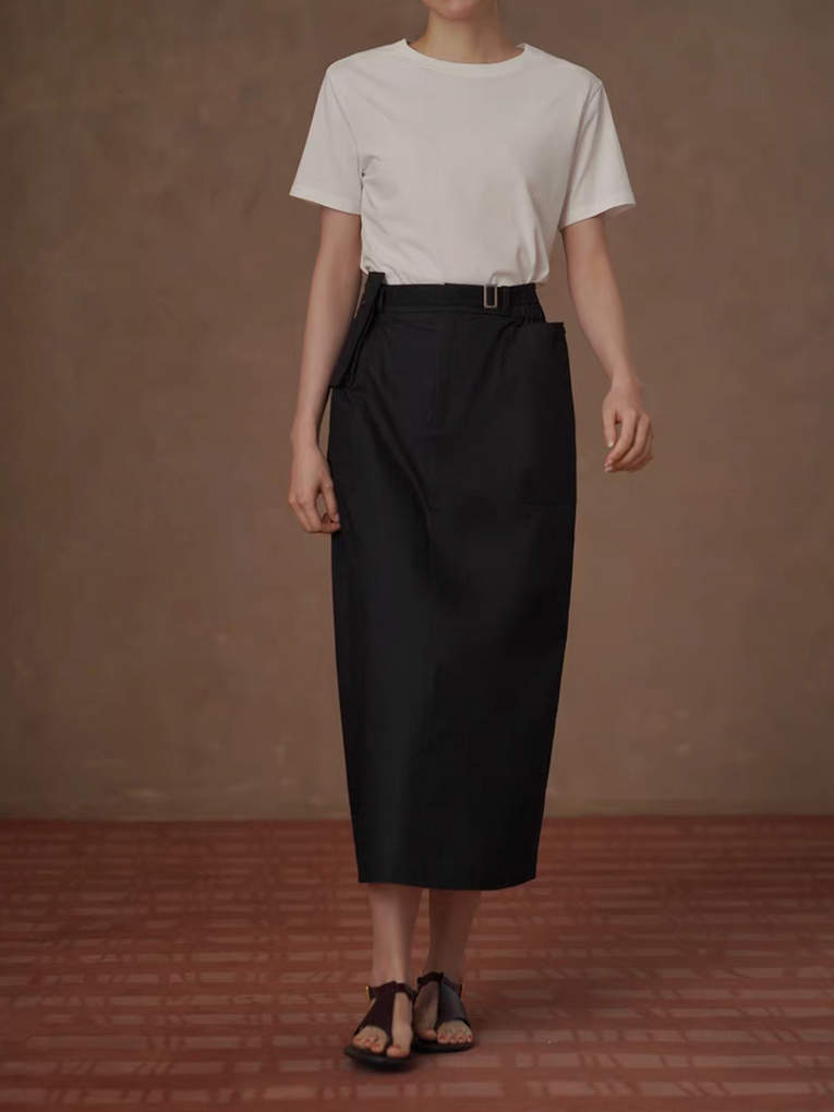 High waisted belted cotton side pockets A line skirt 7