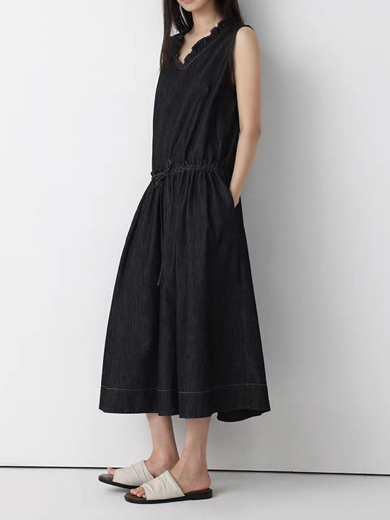Dark denim V neck ruffles trim waist adjust drawstring sleeveless dress 6