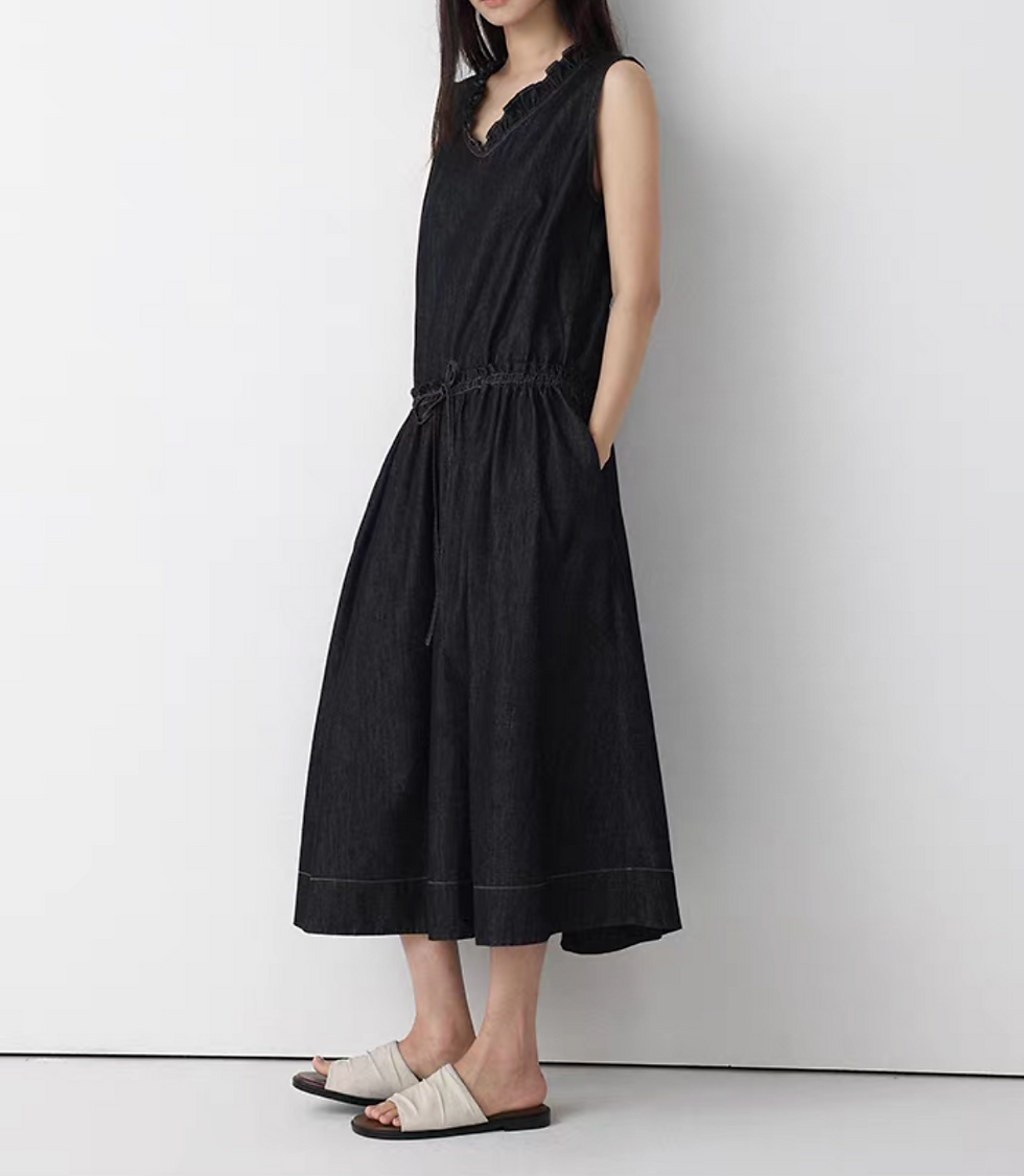 Thumbnail: Dark denim V neck ruffles trim waist adjust drawstring sleeveless dress