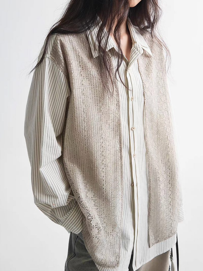 Beige cotton striped docking laced layered mid length double collars shirt 12