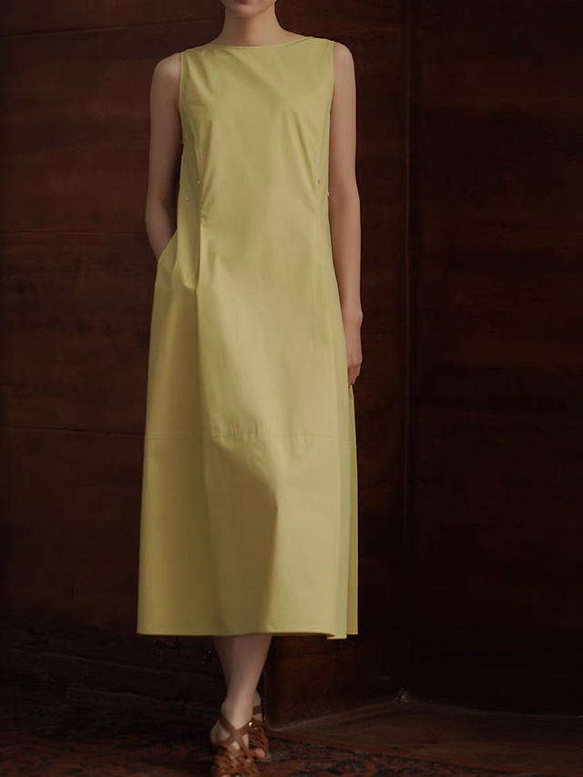 Pastel yellow waist buttoned cotton sleeveless dress 12