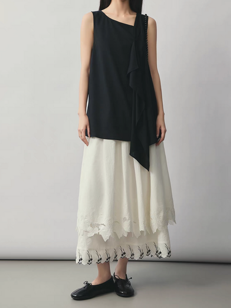 Asymmetric black linen zipper vest